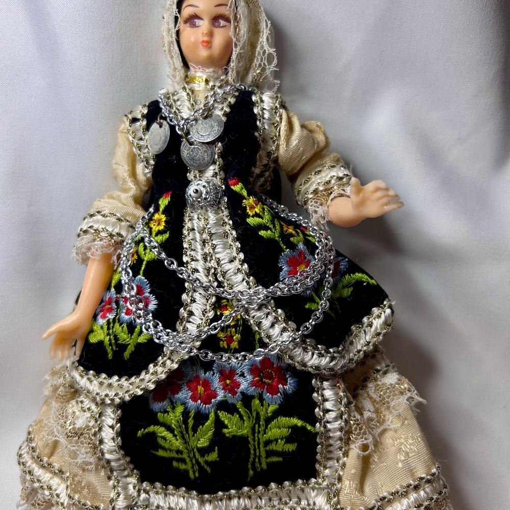 Vintage Folk Doll with Embroidered Velvet Dress